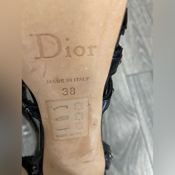 C. Dior Bonnie Black Leather Studded Open Toe Platform High Heels Size 38/ 7 - Picture 12 of 14